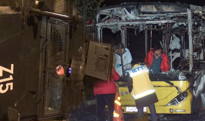 Belediye otobüsünü yaktılar... Zırhlı polis aracı devrildi