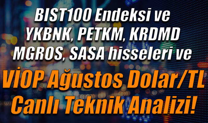 BIST100 Endeksi ve YKBNK, PETKM, KRDMD,MGROS, SASA hisseleri ve VİOP Ağustos Dolar/TL Teknik Analizi