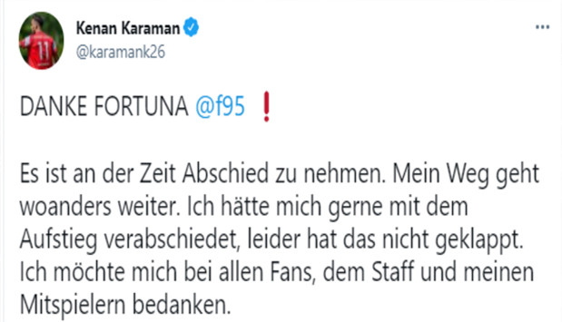 Kenan Karaman, Fortuna Düsseldorf'a veda etti!
